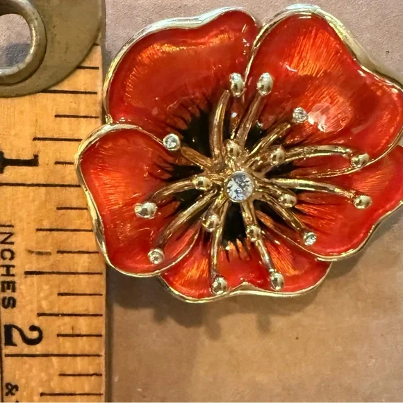 Vintage Monet Poppy Brooch β’ Red-Orange Enamel + Rhinestones β’ 2β β’ Signed - Picture 14 of 16